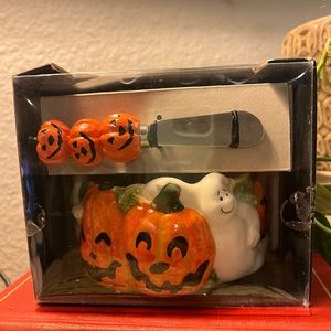 Kohl's Halloween Pumpkin & Ghost Ceramic Dip Mix Set Bowl & Spreader NEW